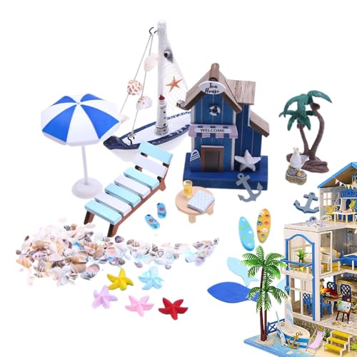 Kit en Miniatura con temática oceánica - Accesorios para casa de muñecas de 26 Piezas, Accesorios de Madera de Estilo mediterráneo | decoración de Escena de Playa, decoración de casa en Miniatura