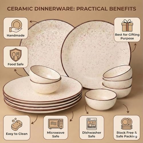 Image of Freakway Rustic Speckled Ceramic Dinner Set - 12 Pc (6 Plates, 6 Bowls) - Beige with Brown Rim