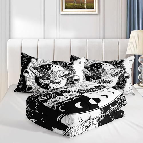 Image of Kids Comforter Set Black White Butterfly Printed Pattern Bedding Set with 1 Comforter and 2 Pillowcases for Girls Boys Bedroom All Season(Black White Butterfly Queen)
