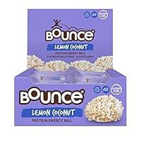 Bounce Lemon Coconut Protein Ball- Box of 12. High protein, gluten free, low sugar healthy snacks with whey protein- better than any protein bar!  Snack healthy with Bounce protein bars, and snacks.