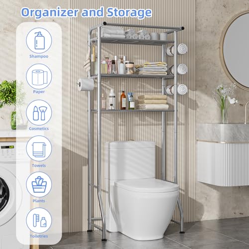Image of Simple Trending 3 Tier Over The Toilet Rack, Shelf Bathroom, Bathroom Stand Organizer Space Saver, Silver