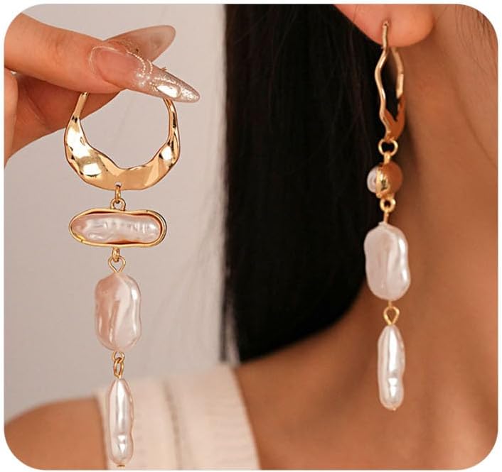 Vintage Pearl Tassel Hoop Earrings for Women,Geometric Oval Baroque Pearl Statement Dangle Earrings,Charming Party Banquet Jewelry Accessories