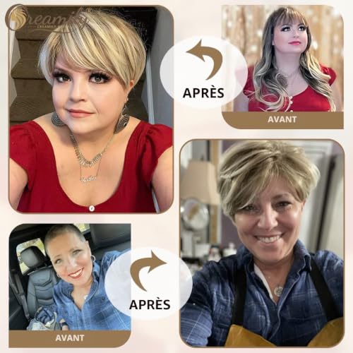 Creamily Perruques blondes courtes pour femmes, perruque coupe lutin avec frange, perruques synthétiques en couches naturelles, cheveux courts pour femmes, mélange blond marron – vue 5