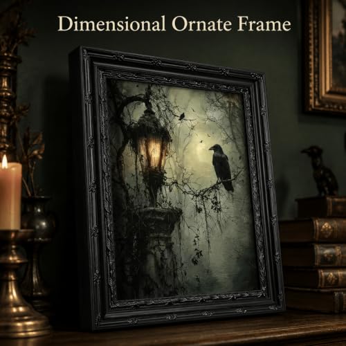 Black Framed Wall Art Gothic Raven Canvas Print Halloween Spooky Raven Crow Lantern Decor Picture Moody Dark Academia Artwork for Living Room Bedroom 12x16 inch - image 3