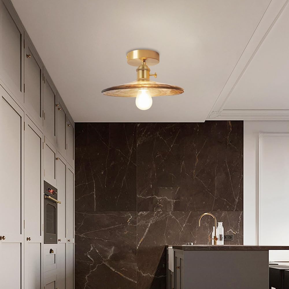 Vintage Glass Ceiling Light Fixture Gold Hallway Semi Flush Mount Ceiling Light Gold Industrial Close to Ceiling Light Farmhouse Ceiling Lamp for Bathroom Kitchen Porch Corridor Entryway