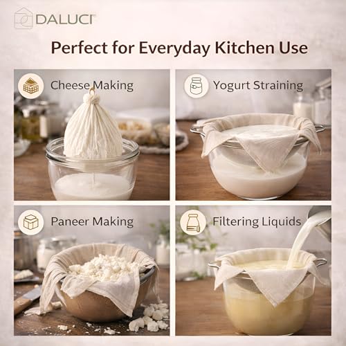 Image of DALUCI Muslin Cloth for Hung Curd & Paneer Making, Cheese Cloth Grade 100, 20x20 Inch Unbleached Cotton Curd Strainer Cloth for Yogurt, Cheese, Idli Steaming & Kitchen Use, 6 PCS