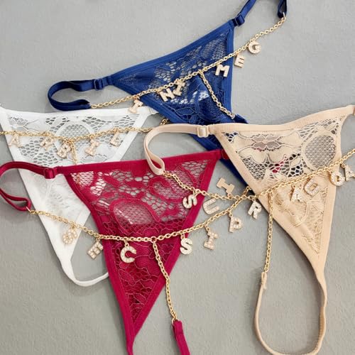 Custom Thongs With Name on it Personalized Metal Chain Lace G-strings Crystal letters Underwear Waist Chain Panties Black2
