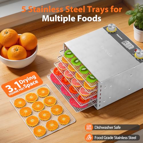 Image of Food Dehydrator - 5 Stainless Steel Trays Dryer Machine with 194℉ Temperature Control & Adjustable Timer, 400W Meat Dehydrator for Jerky, Fruit, Veggies, Dog Treats, 50 Recipes Book Included