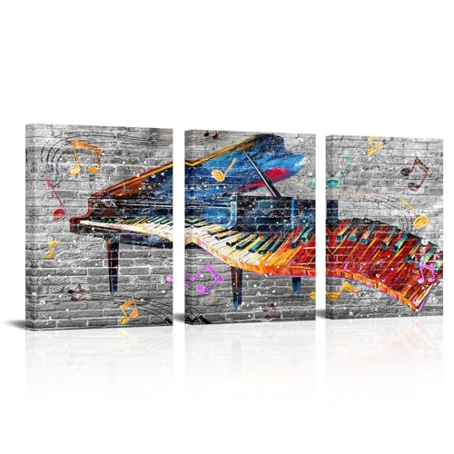 Biuteawal 3 Panels Piano Wall Art Musical Theme Painting Abstract Colorful Piano Keys Pictures Prints Music Room Decor Framed Ready To Hang cover