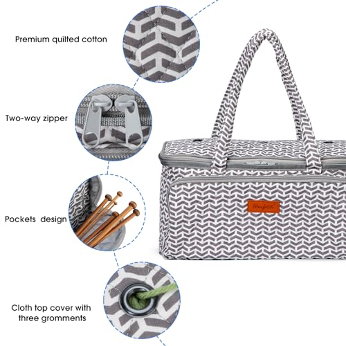 Image of Yarn Bag-Yarn Storage Organizer with Grommets-Portable Crochet Bag for Yarn Skeins-Crochet Hooks-Knitting Needles -Other Accessories (Gray-Arrow)