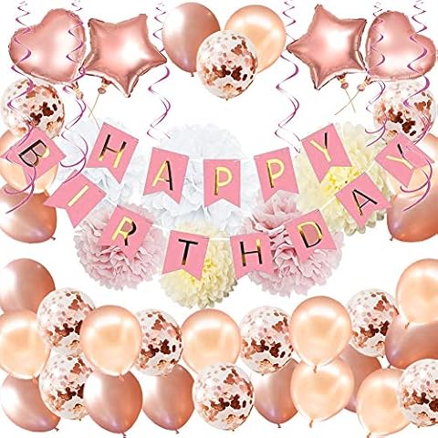 Birthday Party Decorations Rose Gold Birthday Banner Birthday Decorations for Girls and Women Including “Happy Birthday” Banner Foil Balloons Paper Pom Poms Confetti Balloon Party Supplies Cover