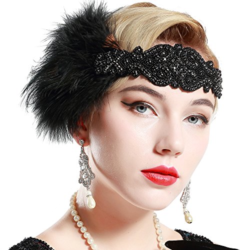 BABEYOND 1920s Flapper Headband Roaring 20s Peacock Feather Headdress Great Gatsby Headpiece Vintage 1920s Flapper Gatsby Accessories Black