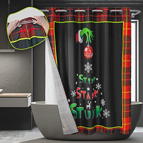 No Hook Grinch Shower Curtain with Snap-in Liner Set, Stink Stank Stunk & Merry Christmas Farmhouse Plaid Print Holiday Shower Curtain for Bathroom, Red and Black, 71x74