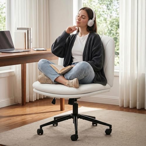 Image of DROGO Zen Cross Legged Office Chair for Work at Home, Pu Leather Accent Chair for Long Hours Sitting Comfort, Armless, Adjustable Height & Tilt Lock Recline | Computer Chair for Home Office (Beige)