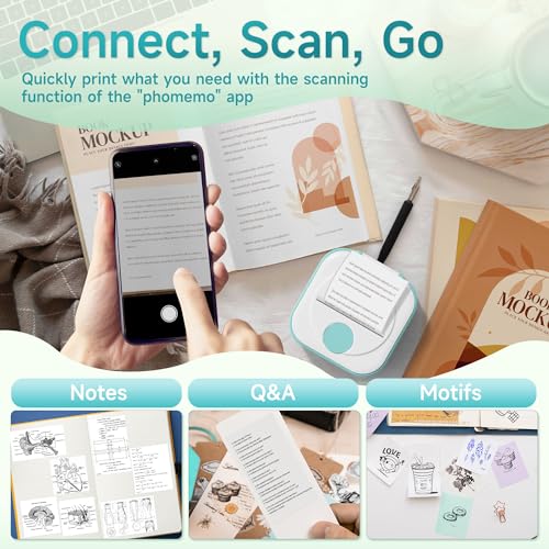 Phomemo Q02 Mini Drucker, Tiny Printer für Studium, Notizen, Bilder, Fotos, Tagebücher, Heimwerken, Sticker Drucker Kompatibel mit Telefon & Tablet, Handy Druckers mit 3 Rollen Papier, Grün