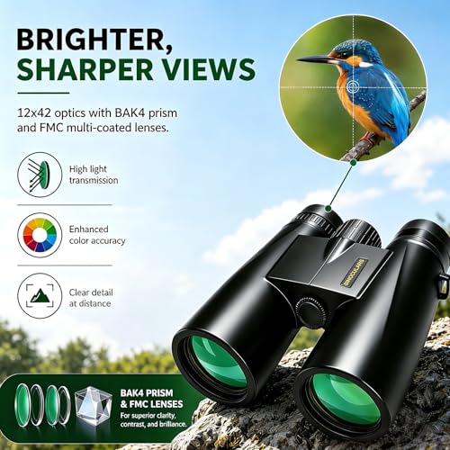 Image of Asacam 12x42 Binoculars for Adults, HD BAK4 Prism for Bird Watching