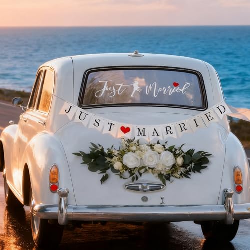 Wedding Car Decoration Kit for Rear Window and Trunk, Just Married Banner with Window Decal and Floral Arrangement, Wedding Exit Car Accessories for Celebration Vehicles
