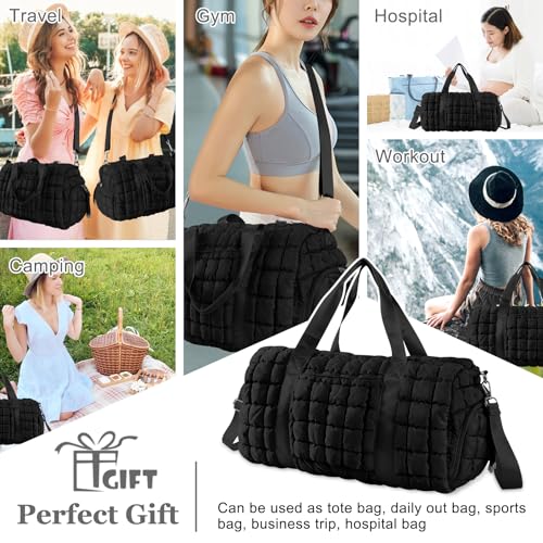 Image of Quilted Travel Duffle Bag Gym Bag for Women,Large Puffer Duffle Weekender Bag with Compartment,Workout Overnight Carry on Organizer Bag Duffle Bag for Airplane Travel(Black)