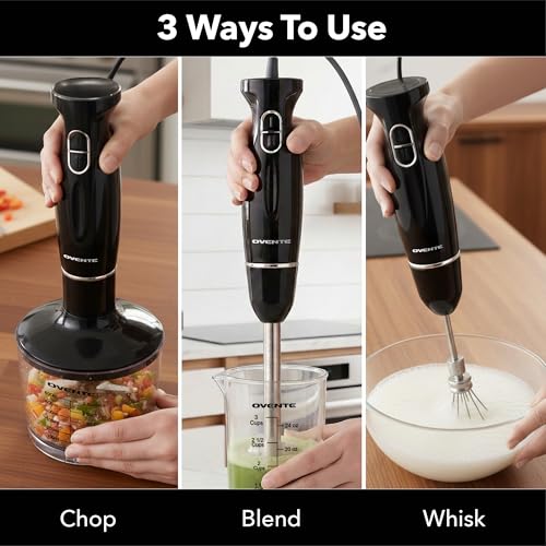 Image of OVENTE Immersion Hand Blender Set, 300W Electric Handheld Stick Mixer, 2 Mixing Speeds with Stainless Steel Blades, Egg Whisk, Beaker & BPA-Free Food Chopper, Black HS565B