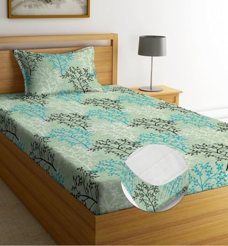 Image of la' Amour Pure Cotton All Round Elastic Fitted Bedsheets with 1 Pillow Cover | Single Mattress Bed Breathable| Longlasting | Supersoft Size - 36 x 72 + 6 inches (Abstract, Color -Black and Green)