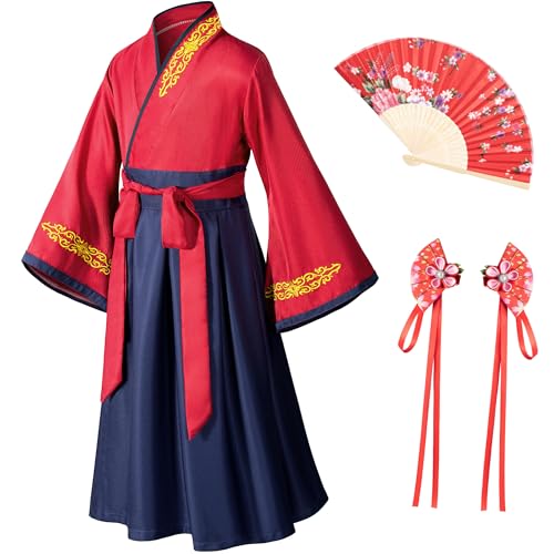 Asian Traditional Dress Kimono Robe for Kids Girls Costume Silk Folding Fans hairstick Cosplay（Red Navy 140cm