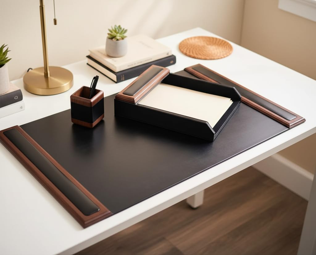 Dacasso Walnut & Black Leather Luxury 3 Piece Set - Blotter Pad & Desk Mat Organization Essentials - Executive Decor and Desk Surface Protector