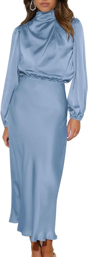 Women Long Sleeves Cocktail Dresses Elastic Waist Party Wedding Guest Dress Satin High Split Maxi Evening Dress