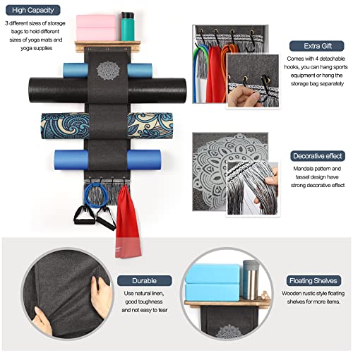 Vinaemo Yoga Mat Holder Wall Mount Storage Rack With 3 Sizes Pocket Wood Floating Shelves And 4 Hooks For Hanging Foam Roller Yoga Mats Yoga Block Home Gym Accessories Carbonized Black #TOP5