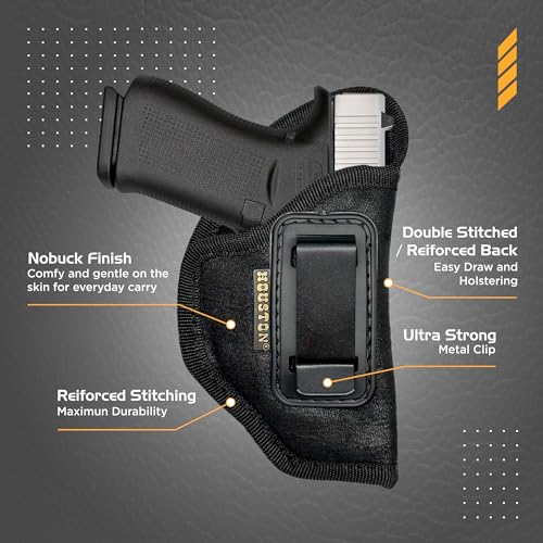 HOUSTON Gun Holster for Subcompact Pistols – ECO Leather IWB Concealed Carry Holster for Glk 42 43 Sig P365 Hellcat Kahr PM45 Makarov KelTec PF9 P11 – Inside Waistband Fit with Metal Clip – Right Hand - Thumbnail 2