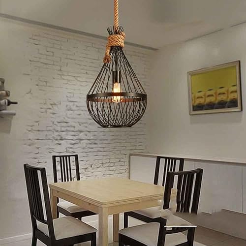 Miniatura 8 de Lámpara colgante de cuerda retro industrial de hierro con jaula de hierro negra, lámpara de celda ajustable antigua para comedor, cocina, isla sobre