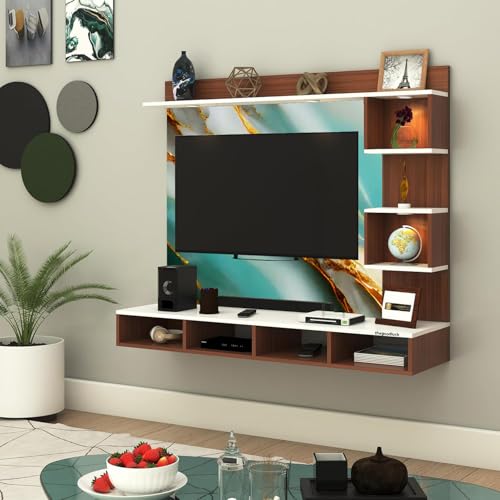 Image of TV Cabinet for Bedroom 32 inch to 65 Inches Engineered Wood TV Entertainment Unit Back Side 3mm UPVC Self Adhsive Waterproof Sheet and Lights (Sea Green-Blue, 32-55 Inches, with Fitting)