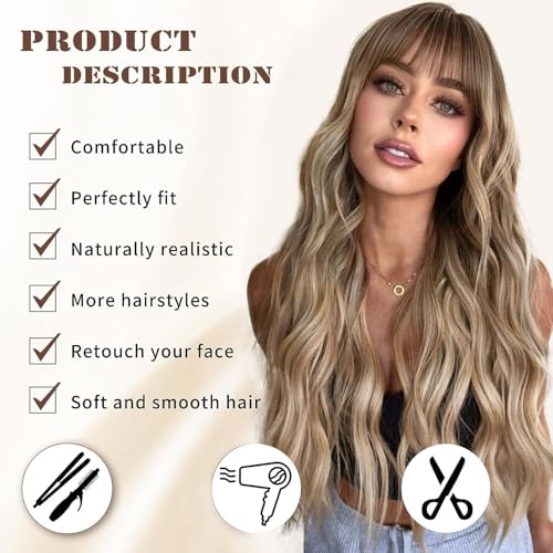 image for Lativ Blonde Wig With Bangs Long Wavy Curly Ombre Wig with Dark Root S