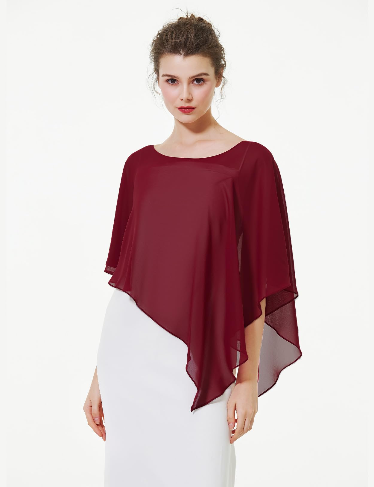 BEAUTELICATE Damen Chiffon Schal Stola Elegant Poncho Cape Brautjacket für Sommer Hochzeits Festlich Abendkleid (Asymmetrische - Burgundy, Einheitsgröße)