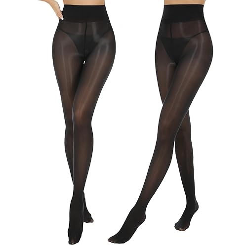 Aaronano 2 Pairs Shiny Pantyhose for Women High Waist Silk Oil Shimmer Sheer Tights - Black - Large-X-Large