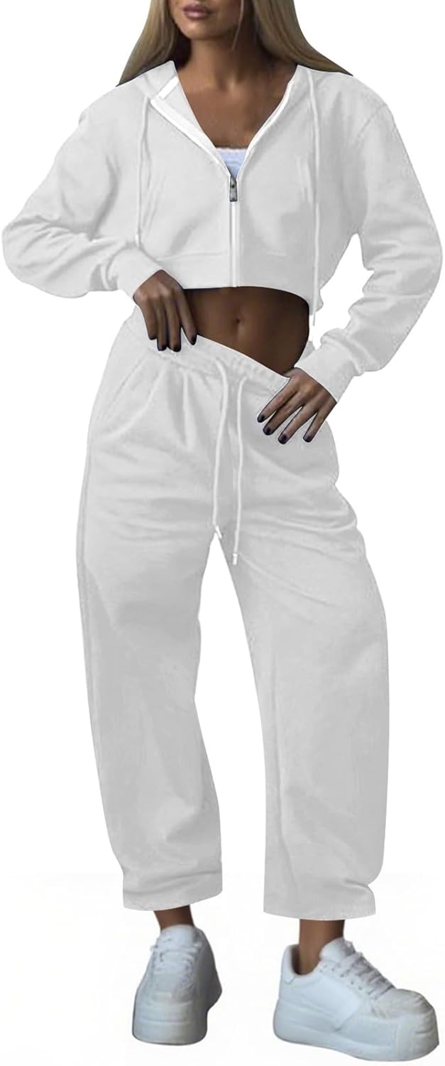 2 Piece Tracksuit Sets for Women Long Sleeve Zip Up Crop Hoodies Sweatshirt and Wide Leg Sweatpants Sweatsuit Outfits