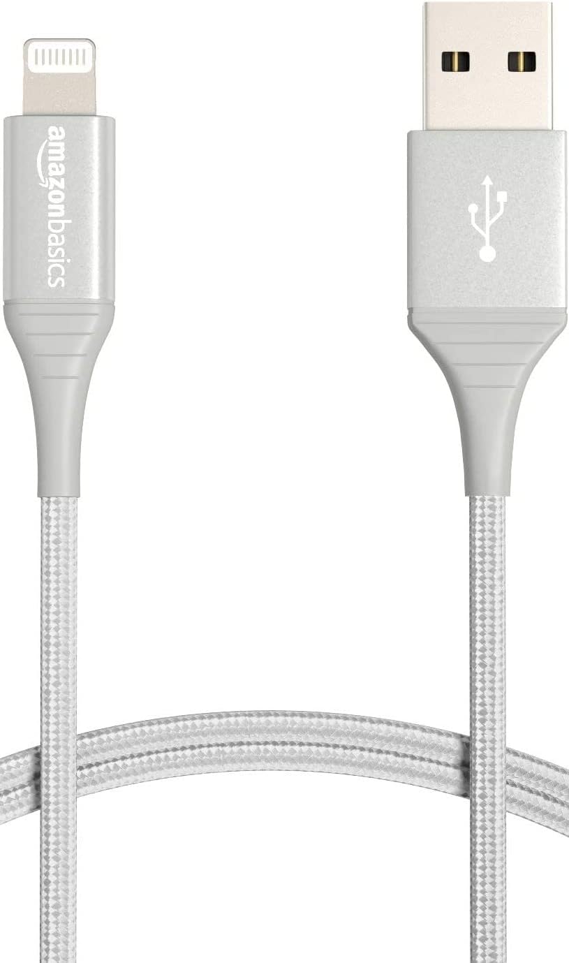 Amazon Basics USB-A to Lightning Cable, MFi Certified Charger for Apple iPhone iPad, Nylon Braided Cord, 10,000 Bend Lifespan, High Speed Transfer, 6 Foot, Silver