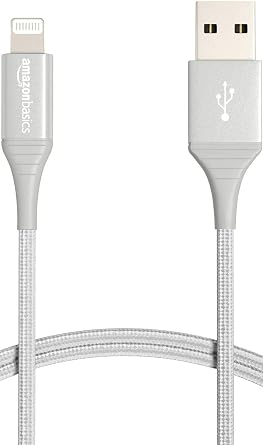 Amazon Basics USB-A to Lightning Cable, MFi Certified Charger for Apple iPhone iPad, Nylon Braided Cord, 10,000 Bend Lifespan, High Speed Transfer, 6 Foot, Silver