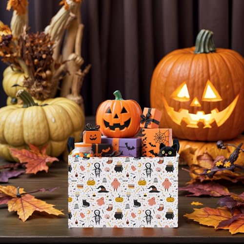 Image of Large Halloween Basket Gift Cute Pumpkin Ghost Parties Decor Kid Trick or Treat Basket for Boys and Girls Rectangular Storage Bin Box (Cartoon Skeleton)