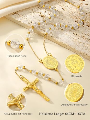 FaithHeart Rosenkranz Kette mit Maria Medaille Lange Rosenkranzkette Weiße Perlen Damen Kreuzkette Gold Herren Edelstahl Gebetskette Halskette Orthodoxes Kreuz Rosary Necklace Autorosenkranz Schmuck