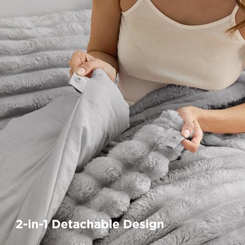 Image of Bedsure Gentlesoft 2-in-1 Queen Comforter Set and Detachable Fluffy Blanket, Grey Bedding Set for All Season Use, Detachable Design for Space Saving (Includes 2 Pillow Shams, 2 Pillowcases)