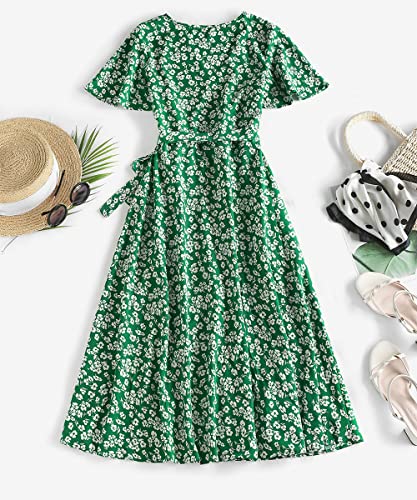 Zaful Women's Casual Summer V Neck Maxi Dress Short Sleeve Side Slit Floral Printed Bohemian Beach Wrap Tea Dresses (D-Green,M) #TOP7