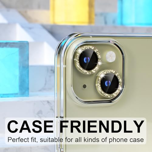 Image of CLITZ Compatible for iPhone 15 / iPhone 15 Plus Camera Lens Protector Bling, 9H Tempered Glass Camera Cover Screen Protector,Metal Ring Decoration Accessories (Glitter-Yellow)
