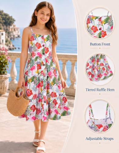 Image of Enlifety Girls Dress Hawaiian Spaghetti Straps Dresses Summer Sundress Size 6 12T