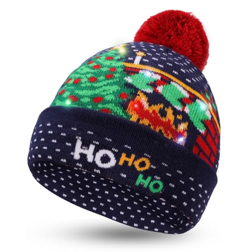 Image of QKURT Stylish Unisex LED Light Up Beanie Hat Knit Cap, Colorful Xmas Christmas Beanie Cap for Ugly Christmas Sweater Party Holiday Party Favor Supplies Indoor and Outdoor Winter Snow Hat