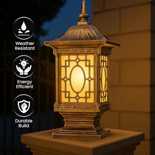 Image of GIGAWATTS 1267 Outdoor Gate Light - 101% Rust & Waterproof Die-Casting Aluminium Exterior Pillar Lamp Base Mount for Garden, Boundary Walls & Home Entrances (B22 Holder, Bulb Not Included, Gold)