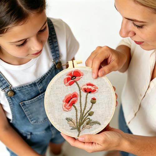 Image of Vintage Flowers Embroidery Kits for Beginners Adults, Floral Hand Embroidery Starter Kit, Stamped Cross Stitch Kits DIY Needlepoint Kits for Beginners Adult, Embroidery Hoop, Thread and Video Tutorial
