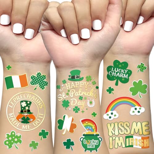 Ovasorve St Patricks Day Temporary Tattoos 54 Glitter Shamrock Decor Supplies Kiss Me I'm Irish Party Favor St Patty's Day Accessories Leprechauns Arts and Crafts