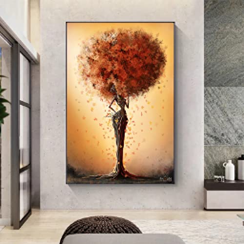 Peinture africain arbre noir fille feuilles colorées affiche artistique pour décoration maison