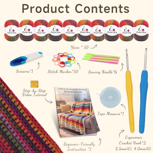 Image of Aeelike Beginner Crochet Kit for Blanket, Ombre Rainbow Blanket, Complete Starter Crochet Kit w Enough & Warm Wool Yarn, Videos Tutorials, Easy Knitting Kits for Adults