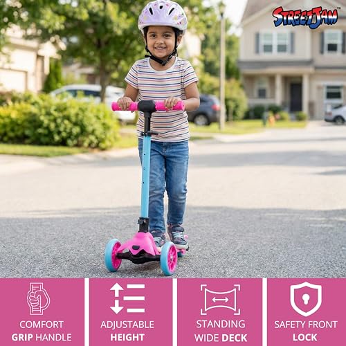 Image of STREETJAM Komiks Kids Kick Scooter for 3-12 Years, Tilt & Turn Safety Lock (1st Time in India), BIS Approved, Lean-to-Steer, Wide Deck, Adjustable Height, Up to 35 kg Load (Magenta with Cyan Blue)